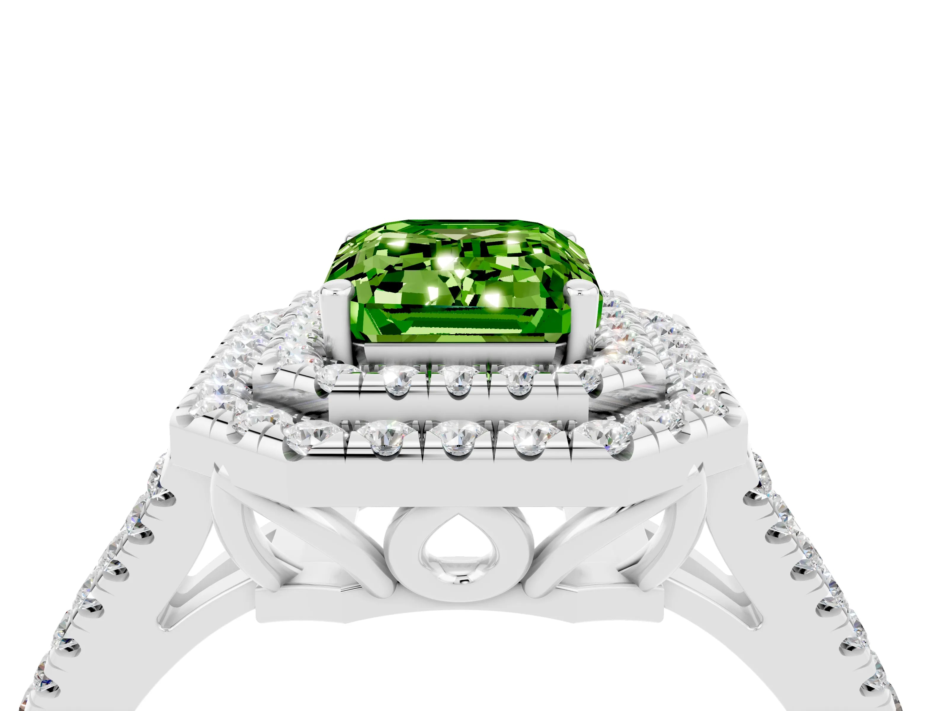 White gold Emerald Cut Peridot Double Halo Ring with Pavé Band and Prong Setting_16