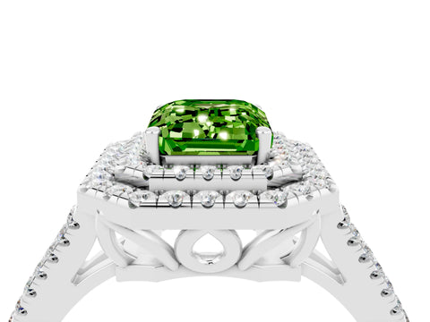 White gold Emerald Cut Peridot Double Halo Ring with Pavé Band and Prong Setting_16