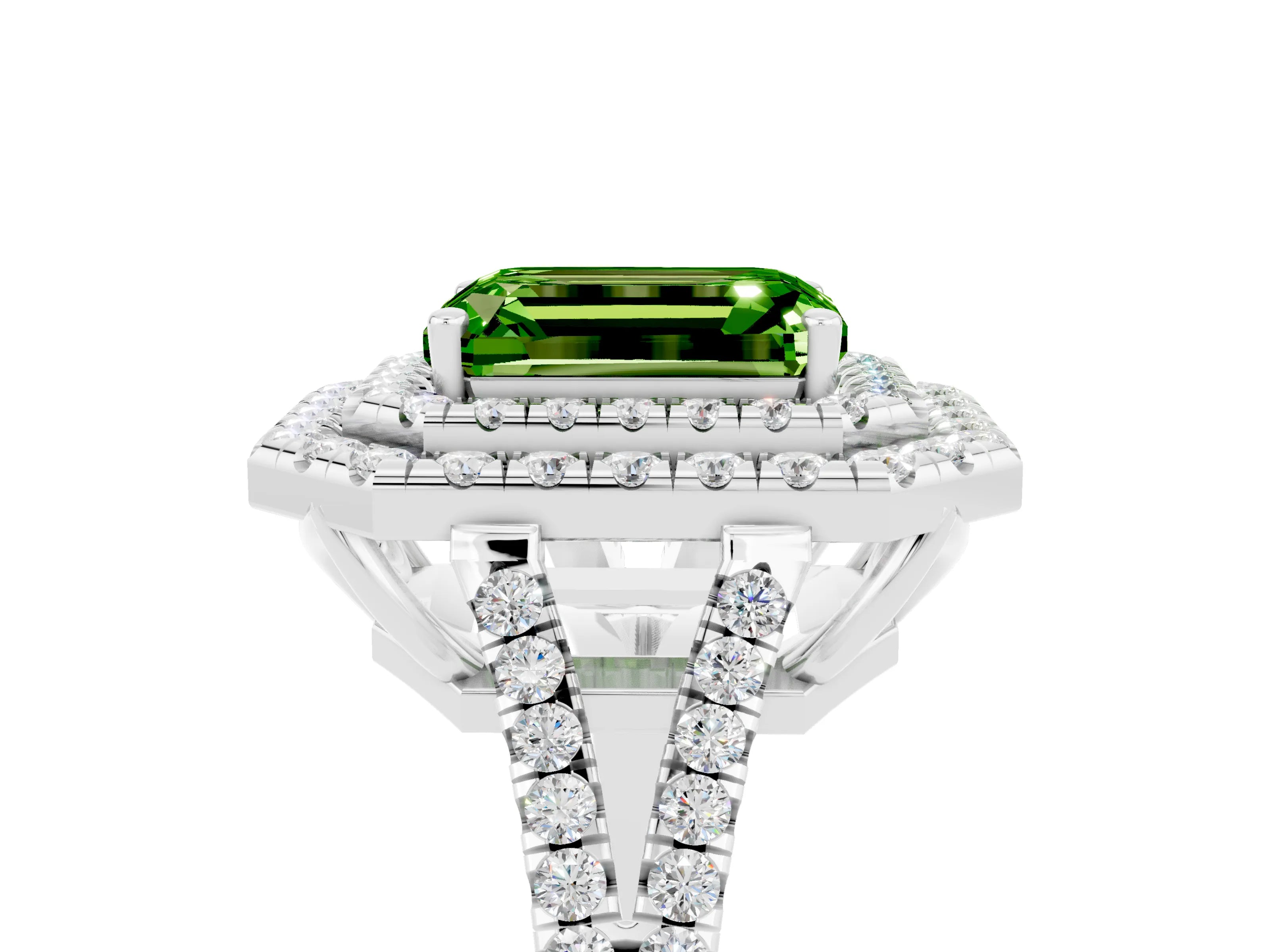 White gold Emerald Cut Peridot Double Halo Ring with Pavé Band and Prong Setting_17