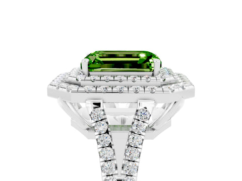 White gold Emerald Cut Peridot Double Halo Ring with Pavé Band and Prong Setting_17