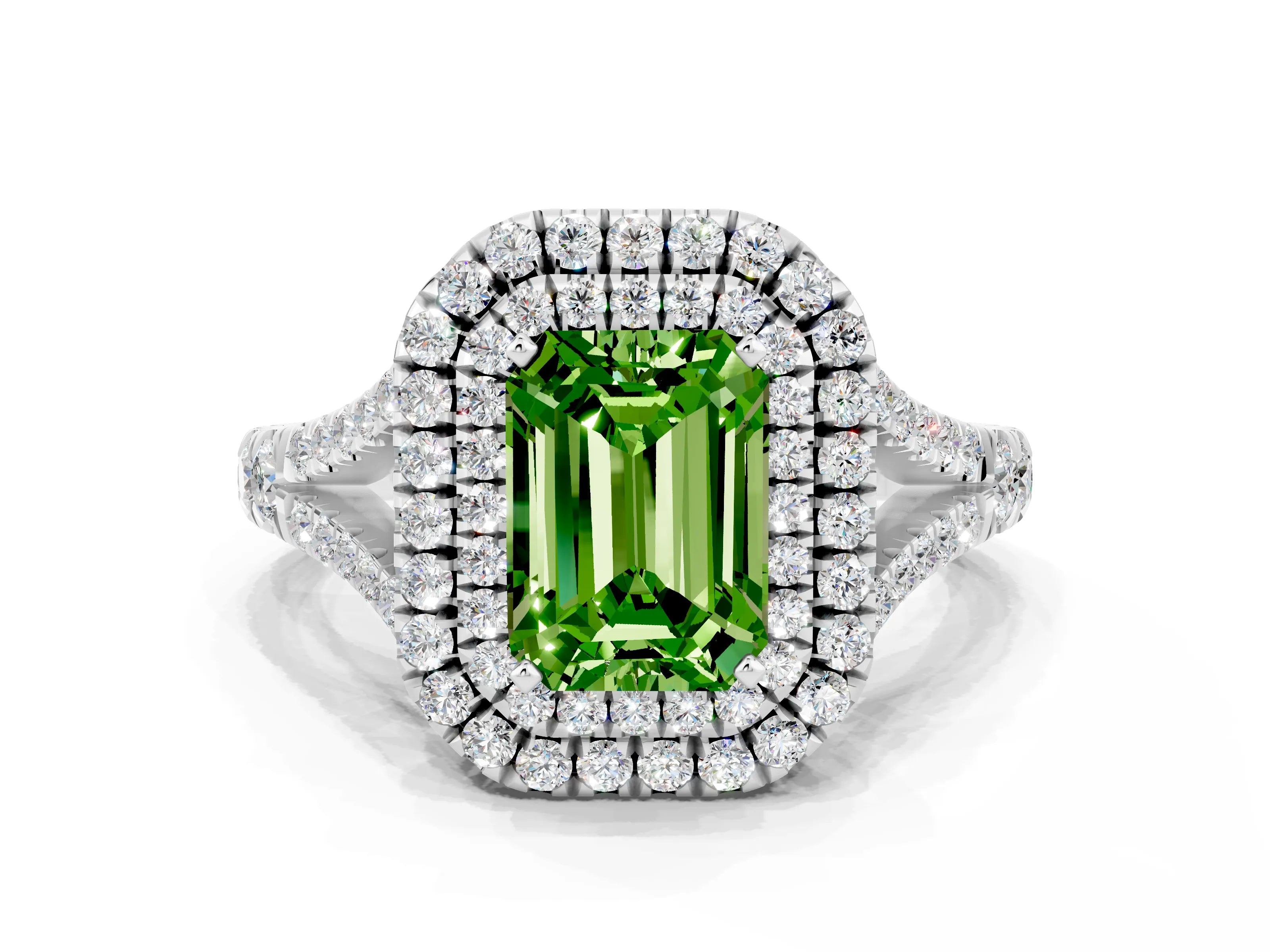 White gold Emerald Cut Peridot Double Halo Ring with Split Shank and Prong Setting_12