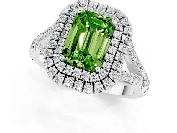 Silver Emerald Cut Peridot Double Halo Ring with Split Shank and Prong Setting