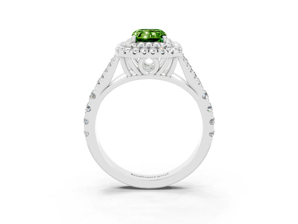 Platinum Emerald Cut Peridot Double Halo Ring with Split Shank and Prong Setting