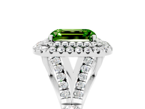 White gold Emerald Cut Peridot Double Halo Ring with Split Shank and Prong Setting_17