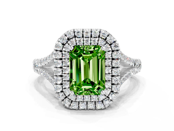 White gold Emerald Cut Peridot Double Halo Ring with Split Shank and Prong Setting