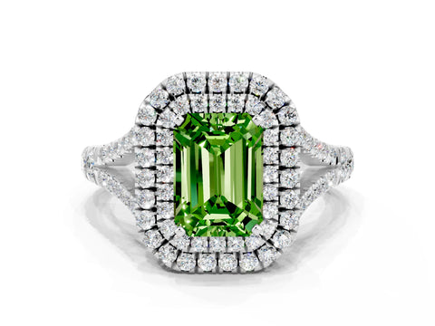 White gold Emerald Cut Peridot Double Halo Ring with Split Shank and Prong Setting_24