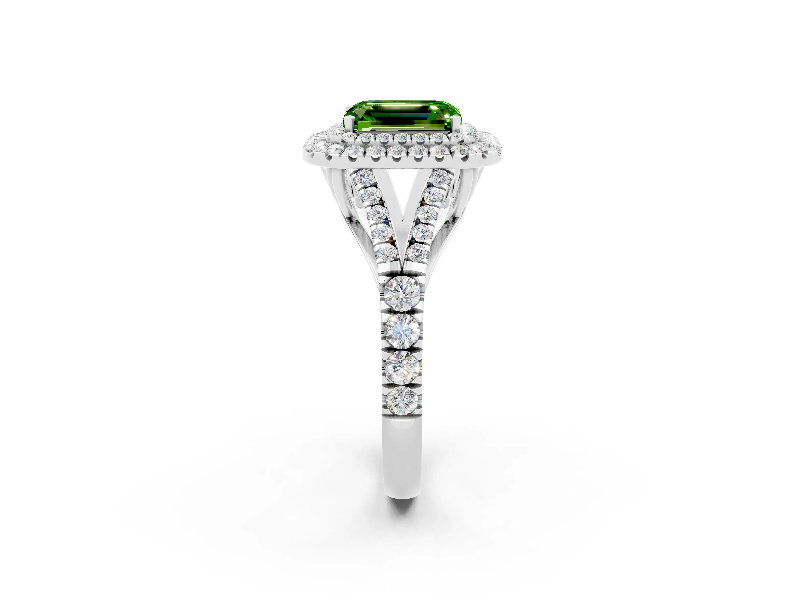 White gold Emerald Cut Peridot Double Halo Ring with Split Shank and Prong Setting_26