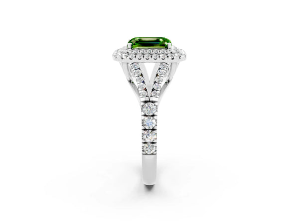 White gold Emerald Cut Peridot Double Halo Ring with Split Shank and Prong Setting