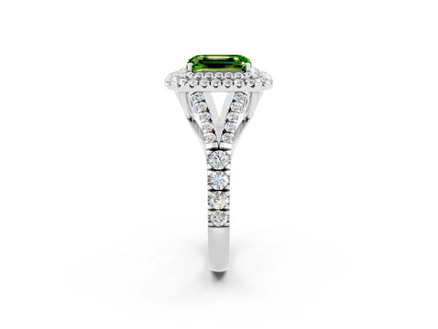 White gold Emerald Cut Peridot Double Halo Ring with Split Shank and Prong Setting_26