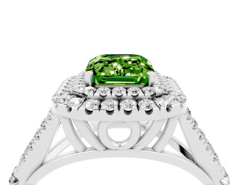 White gold Emerald Cut Peridot Double Halo Ring with Split Shank and Prong Setting_28