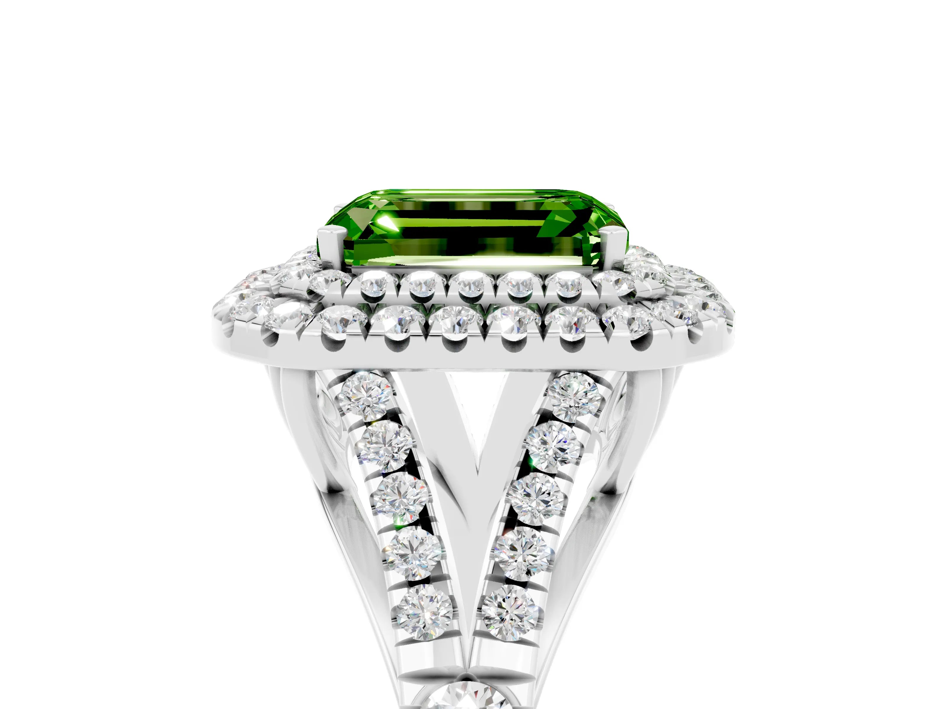 White gold Emerald Cut Peridot Double Halo Ring with Split Shank and Prong Setting_29