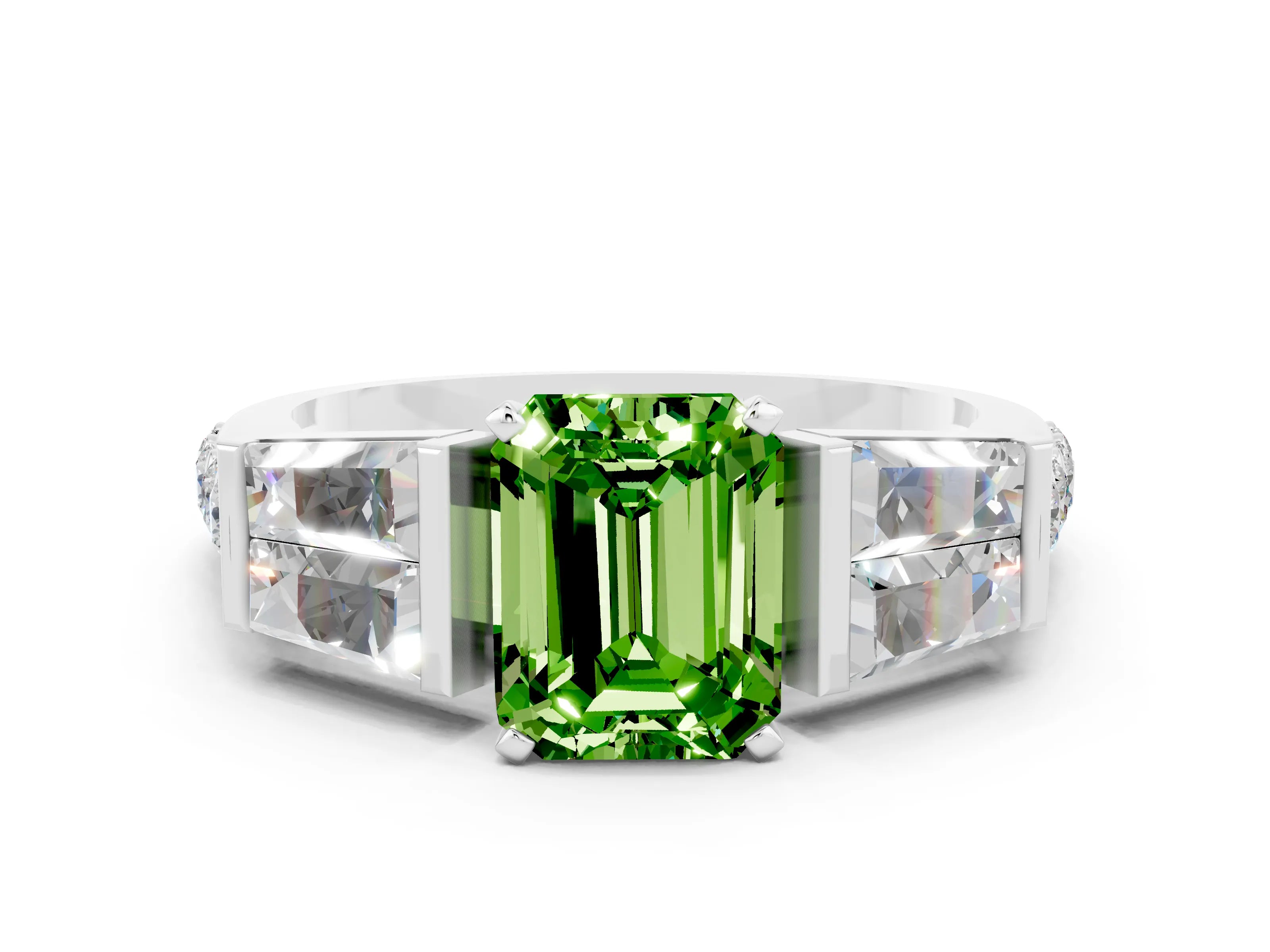 White gold Emerald Cut Peridot Engagement Ring with Baguette Side Stones and Channel Set Band