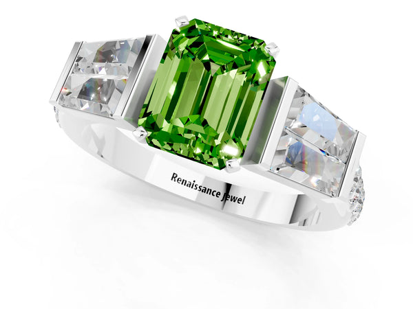 Platinum Emerald Cut Peridot Engagement Ring with Baguette Side Stones and Channel Set Band