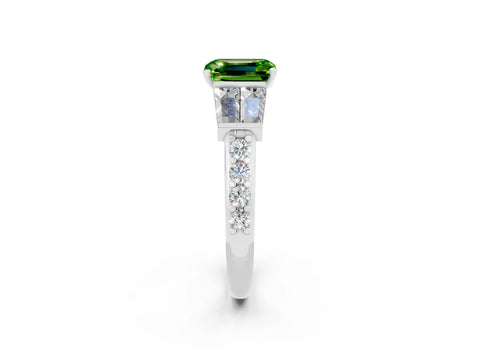 White gold Emerald Cut Peridot Engagement Ring with Baguette Side Stones and Channel Set Band_2
