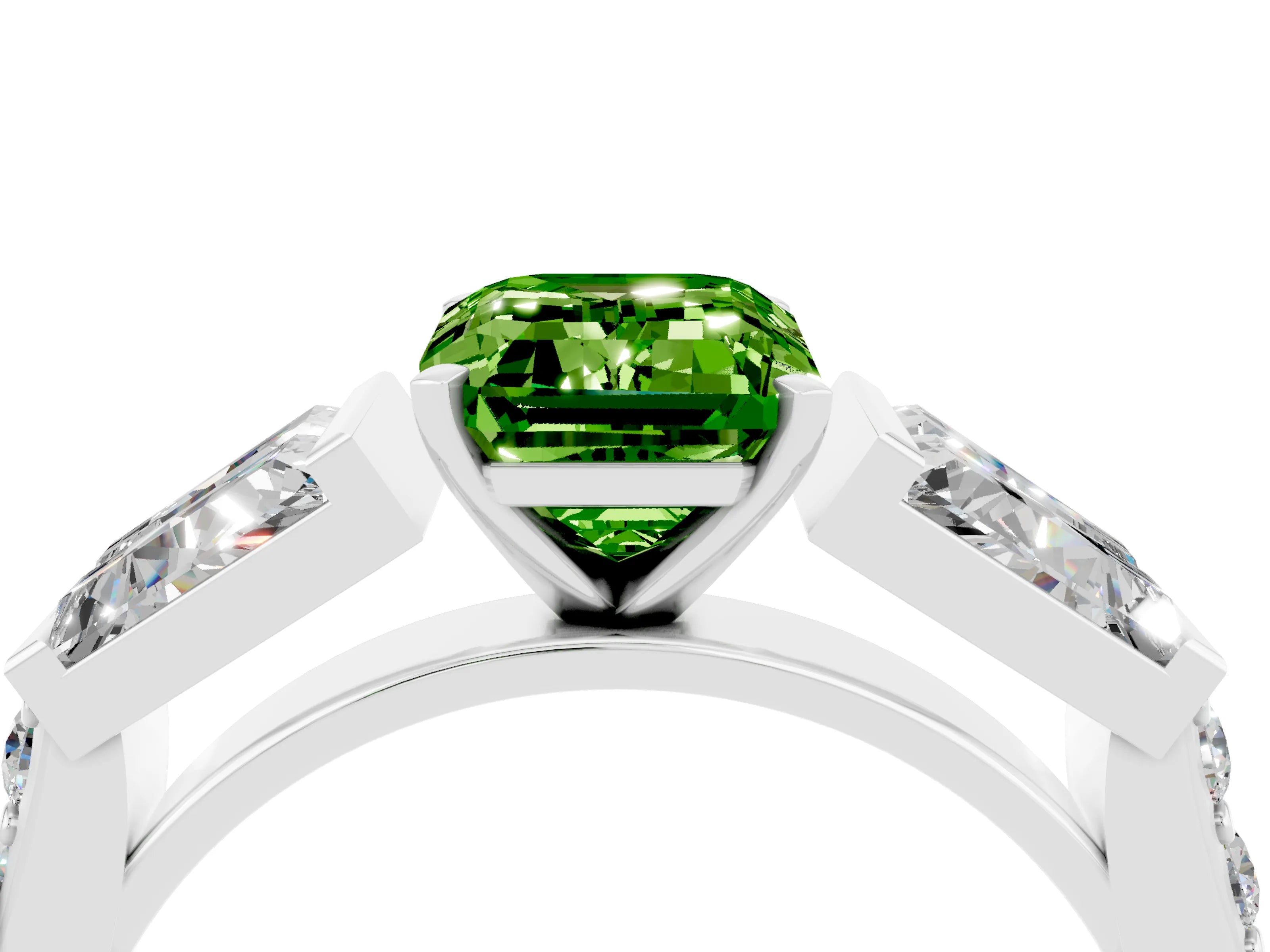 White gold Emerald Cut Peridot Engagement Ring with Baguette Side Stones and Channel Set Band_4