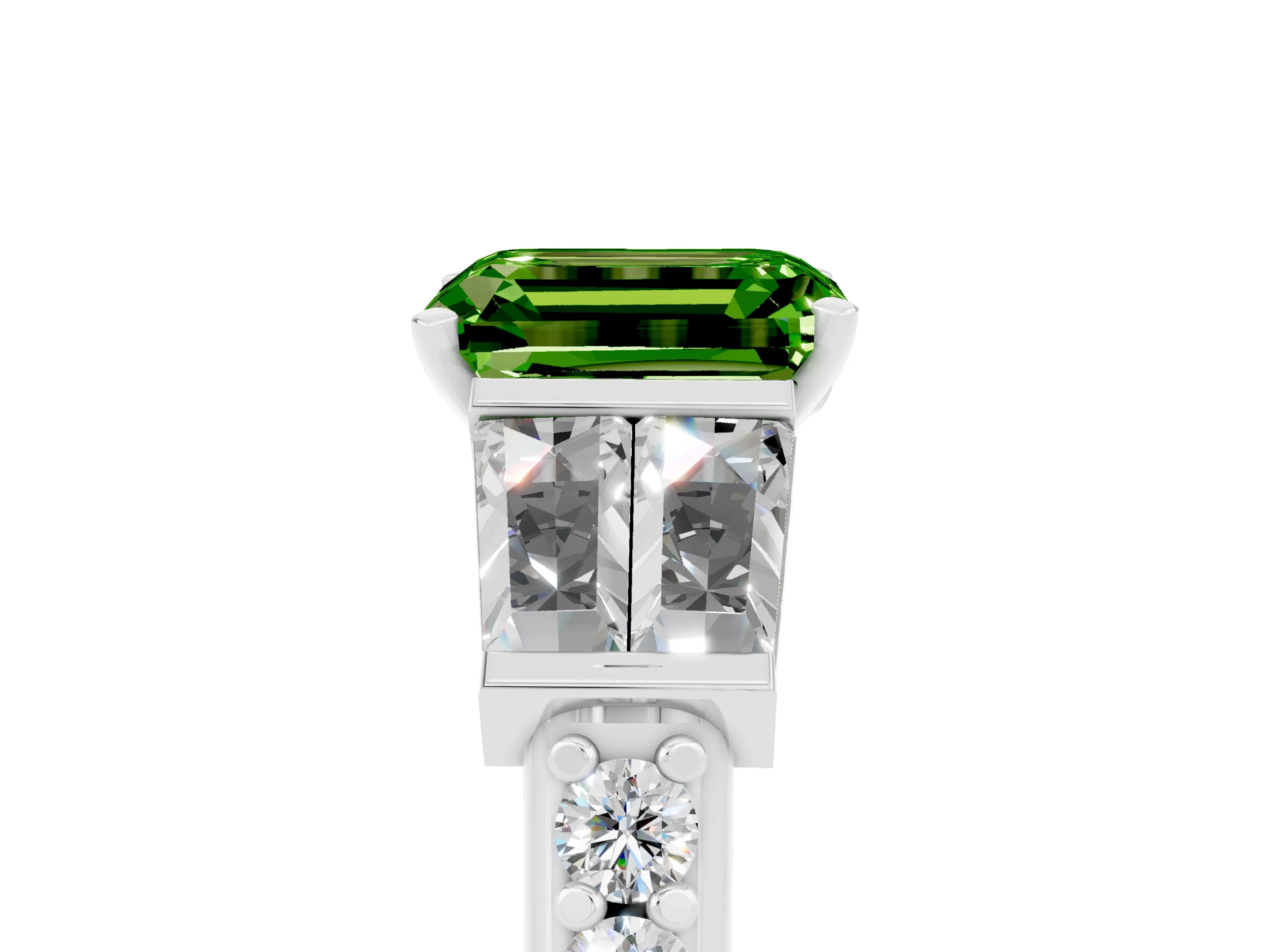 White gold Emerald Cut Peridot Engagement Ring with Baguette Side Stones and Channel Set Band_5