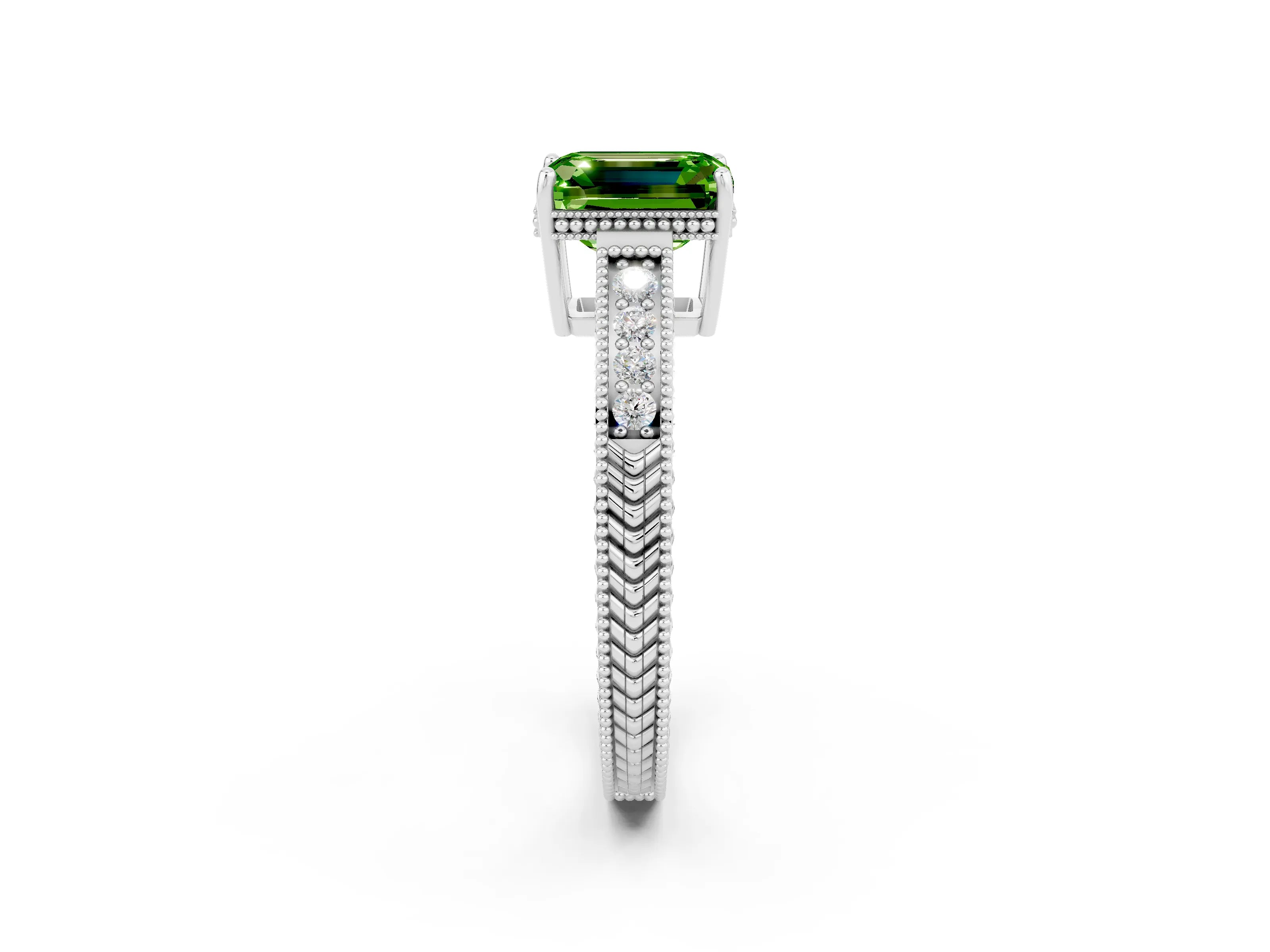 White gold Emerald Cut Peridot Engagement Ring with Milgrain Channel Set Band and Prong Setting_2