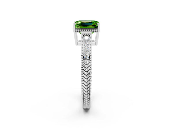 White gold Emerald Cut Peridot Engagement Ring with Milgrain Channel Set Band and Prong Setting
