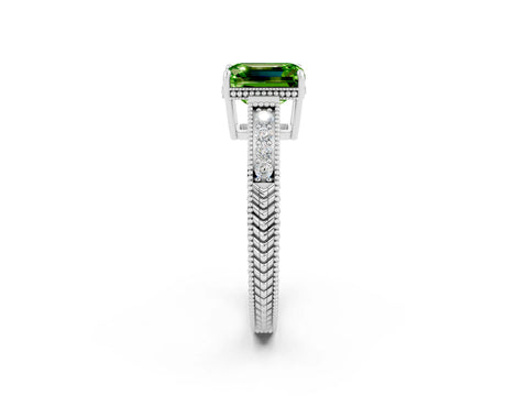 White gold Emerald Cut Peridot Engagement Ring with Milgrain Channel Set Band and Prong Setting_2