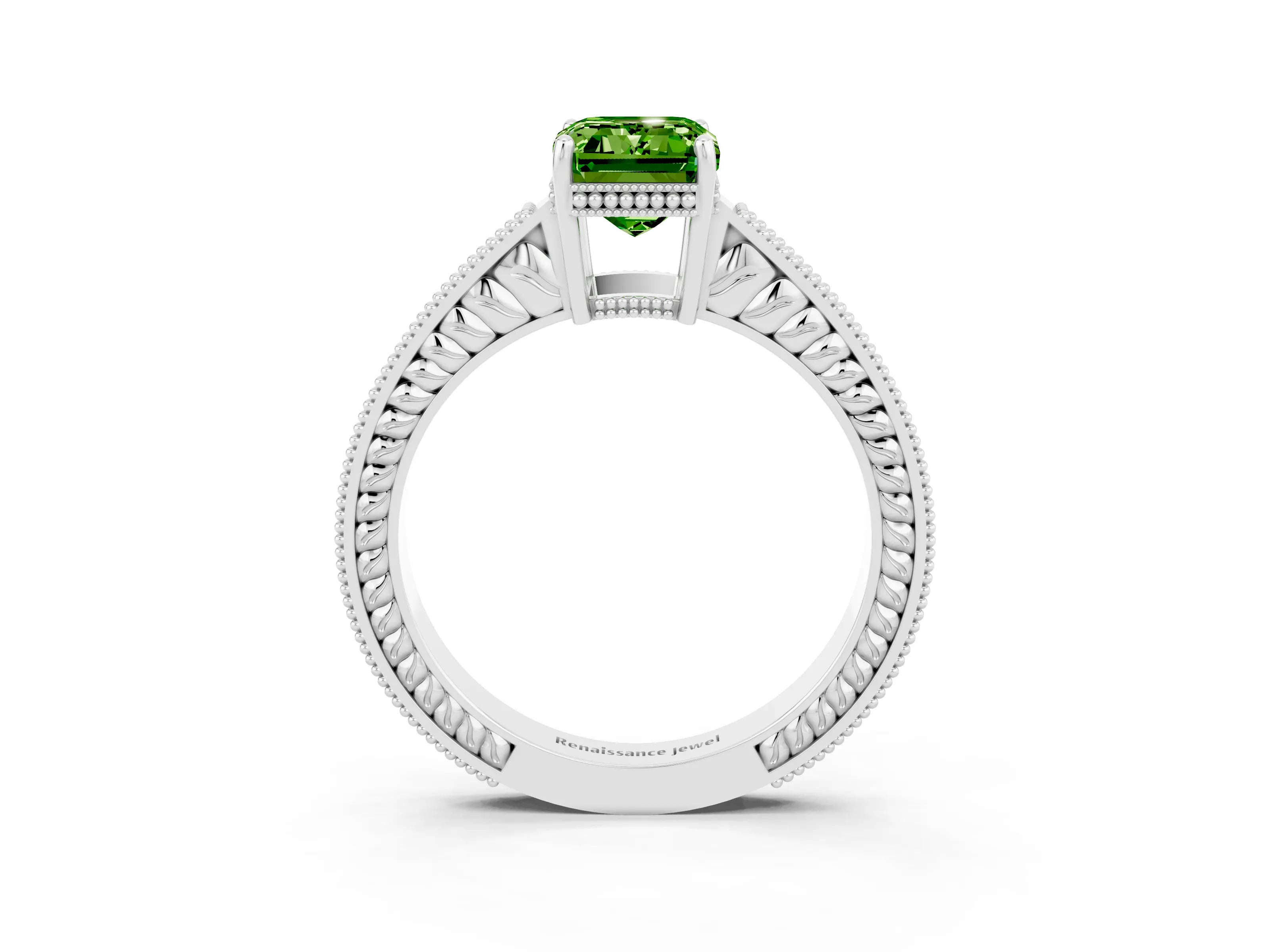 White gold Emerald Cut Peridot Engagement Ring with Milgrain Channel Set Band and Prong Setting_3