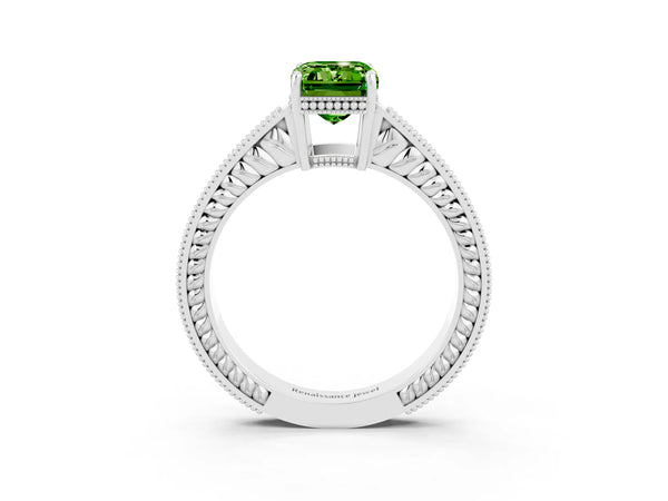 Platinum Emerald Cut Peridot Engagement Ring with Milgrain Channel Set Band and Prong Setting