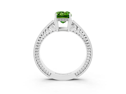White gold Emerald Cut Peridot Engagement Ring with Milgrain Channel Set Band and Prong Setting_3