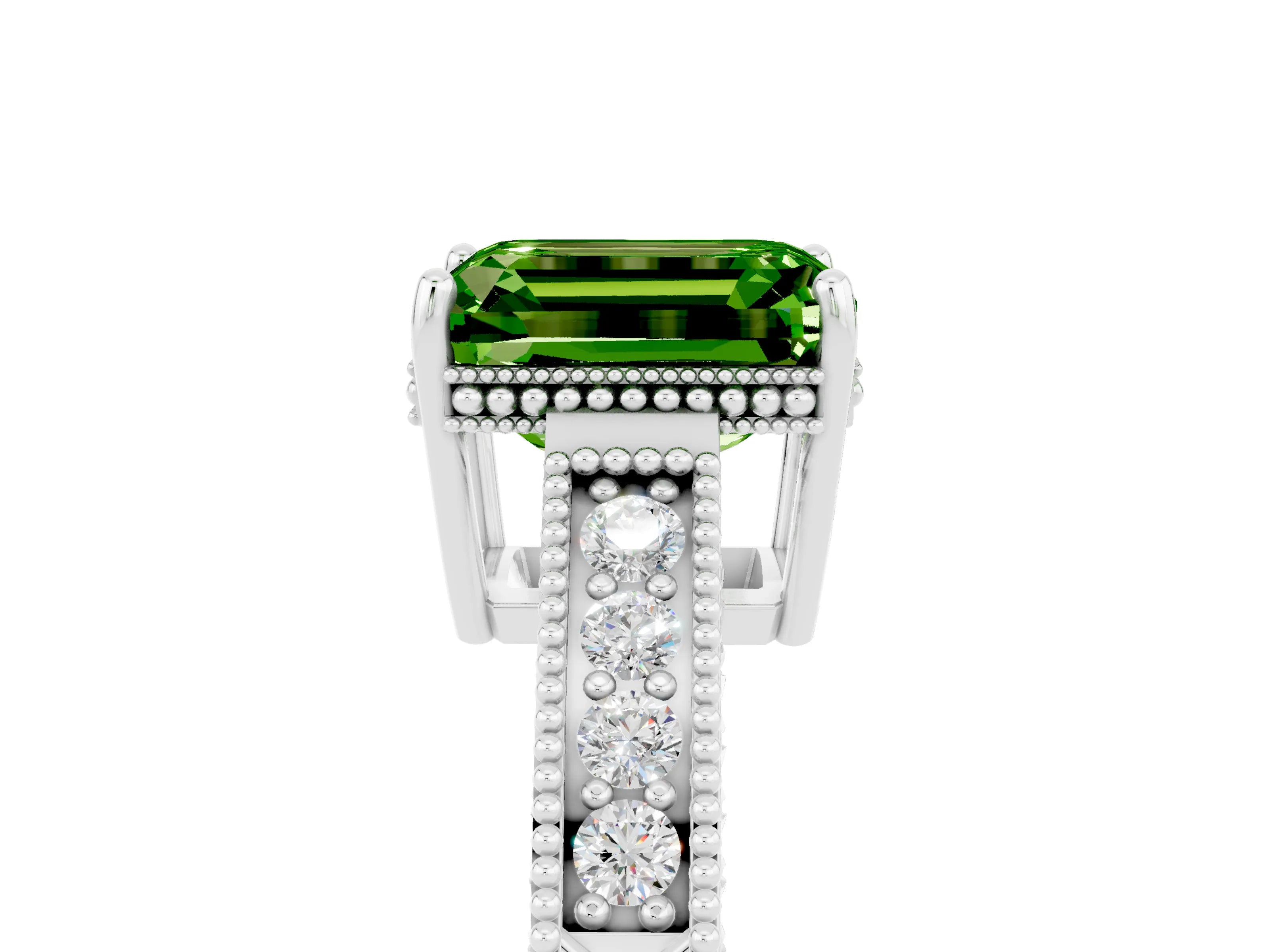 White gold Emerald Cut Peridot Engagement Ring with Milgrain Channel Set Band and Prong Setting_5