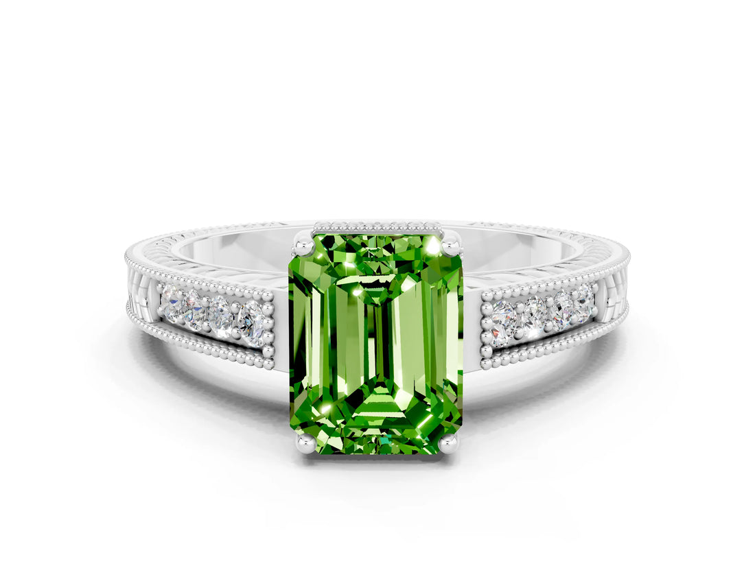 White gold Emerald Cut Peridot Engagement Ring with Milgrain Channel Set Band and Prong Setting