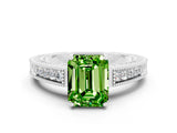 White gold Emerald Cut Peridot Engagement Ring with Milgrain Channel Set Band and Prong Setting