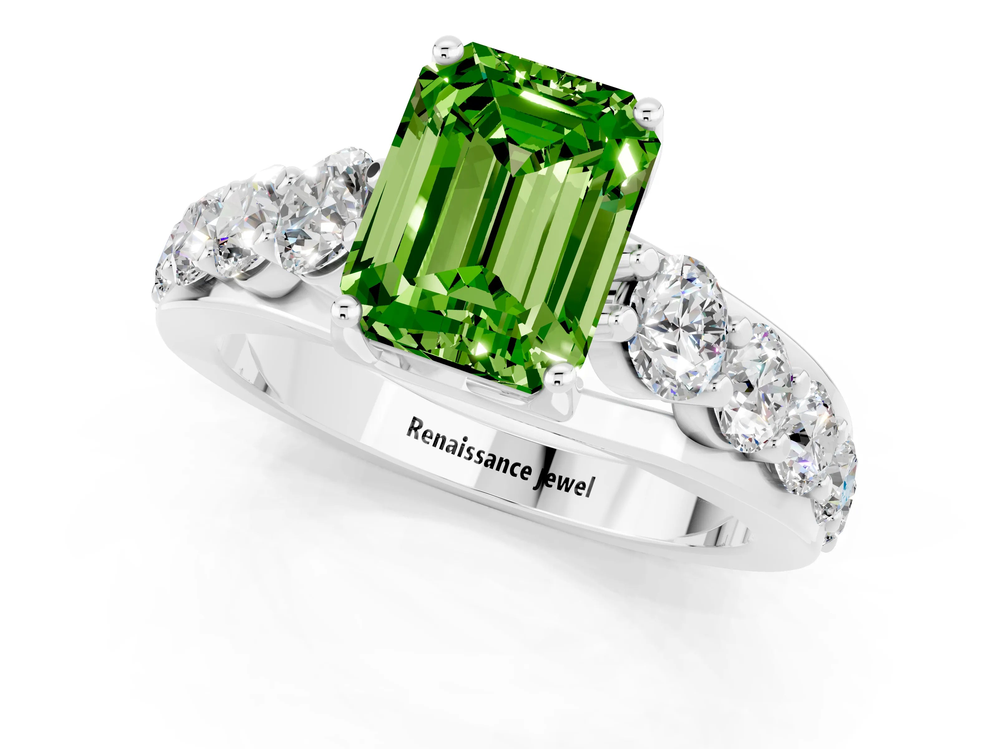 White gold Emerald Cut Peridot Engagement Ring with Pavé Band and Four-Prong Setting_1