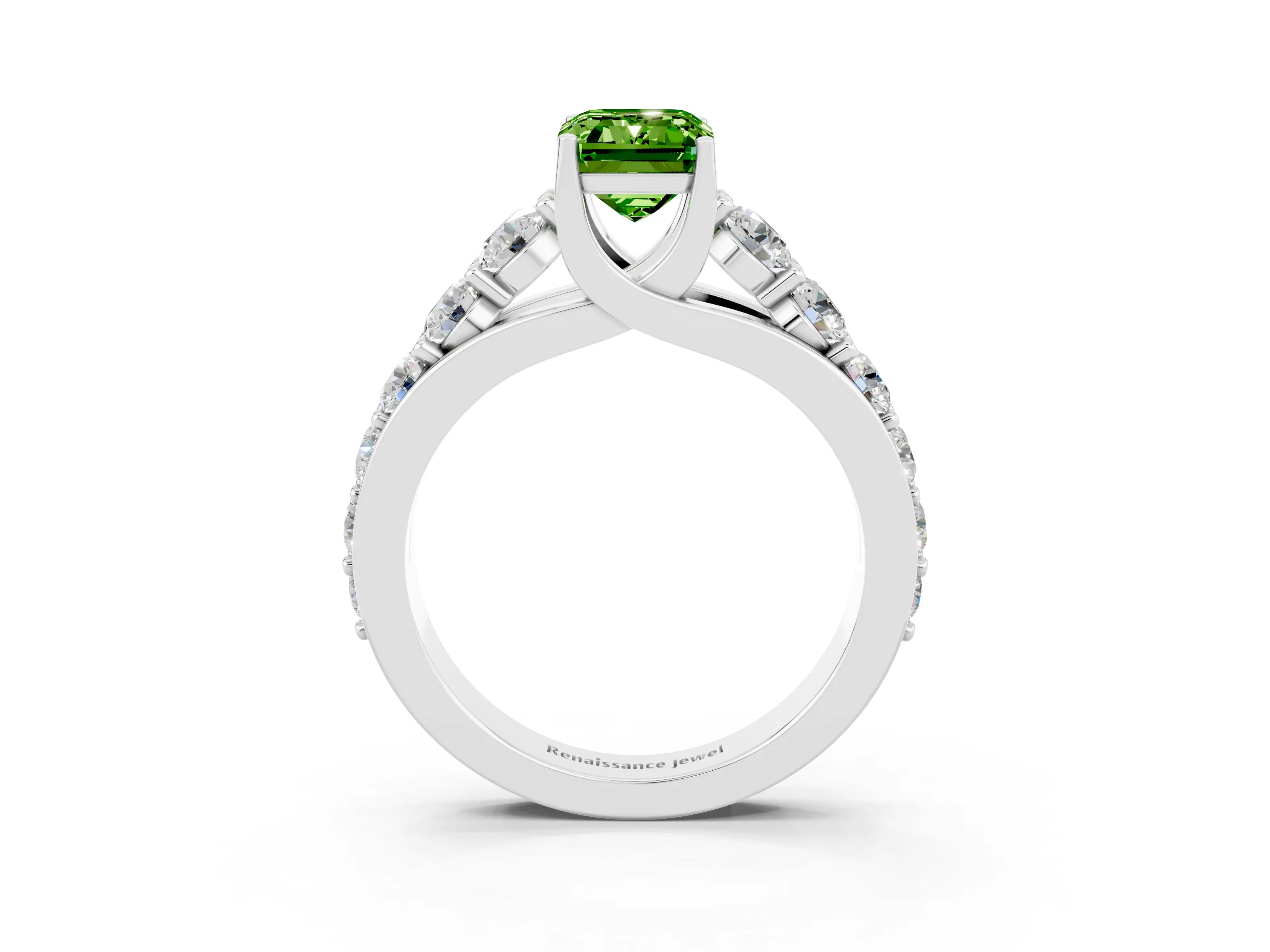 White gold Emerald Cut Peridot Engagement Ring with Pavé Band and Four-Prong Setting_3
