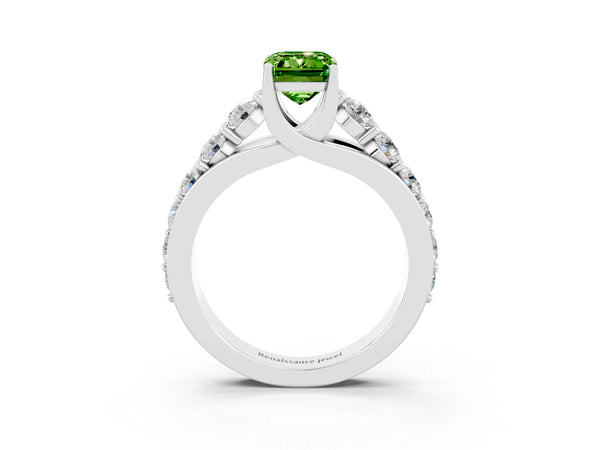 Platinum Emerald Cut Peridot Engagement Ring with Pavé Band and Four-Prong Setting