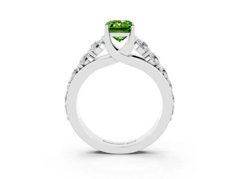 White gold Emerald Cut Peridot Engagement Ring with Pavé Band and Four-Prong Setting_3