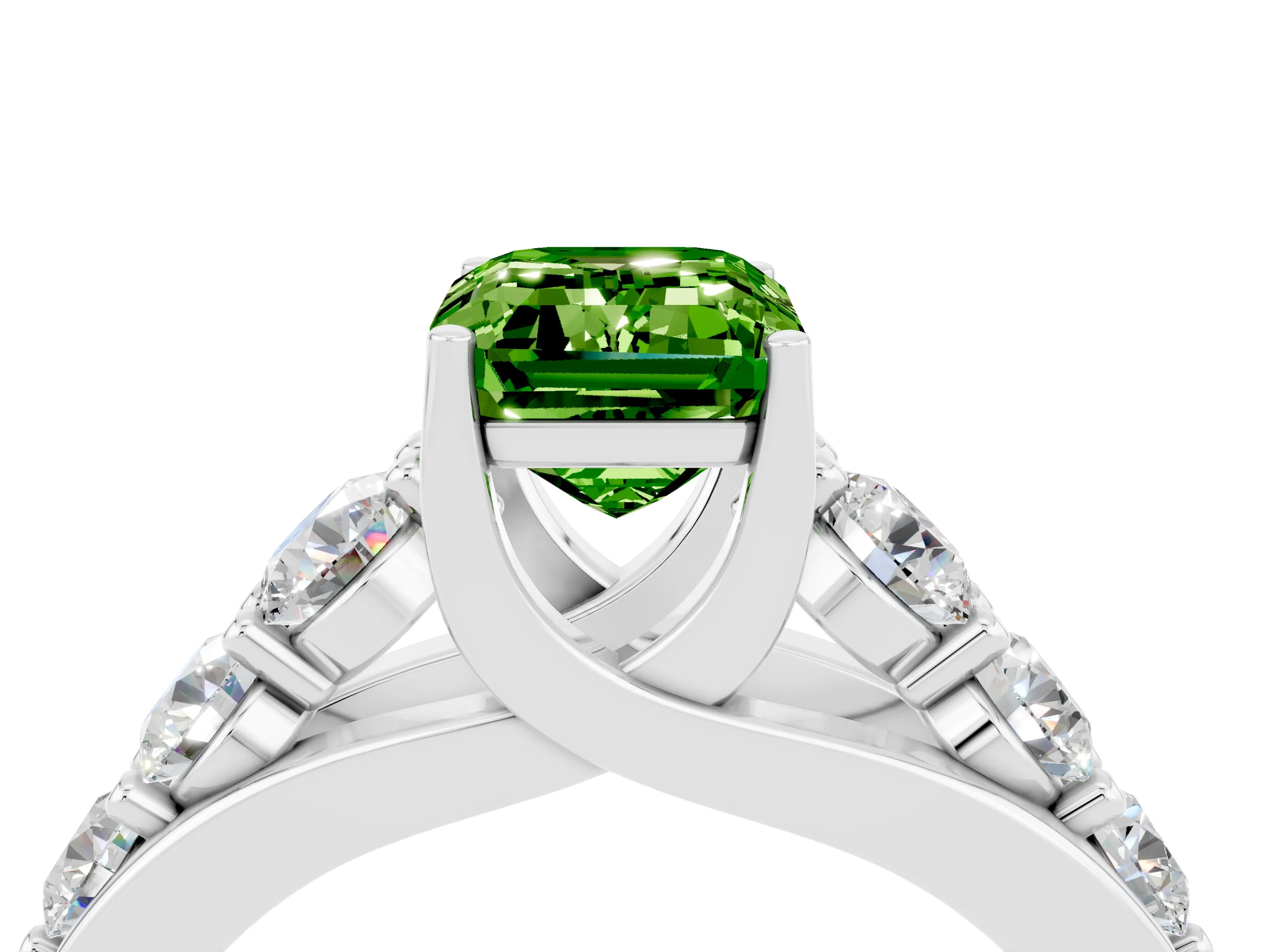 White gold Emerald Cut Peridot Engagement Ring with Pavé Band and Four-Prong Setting_4