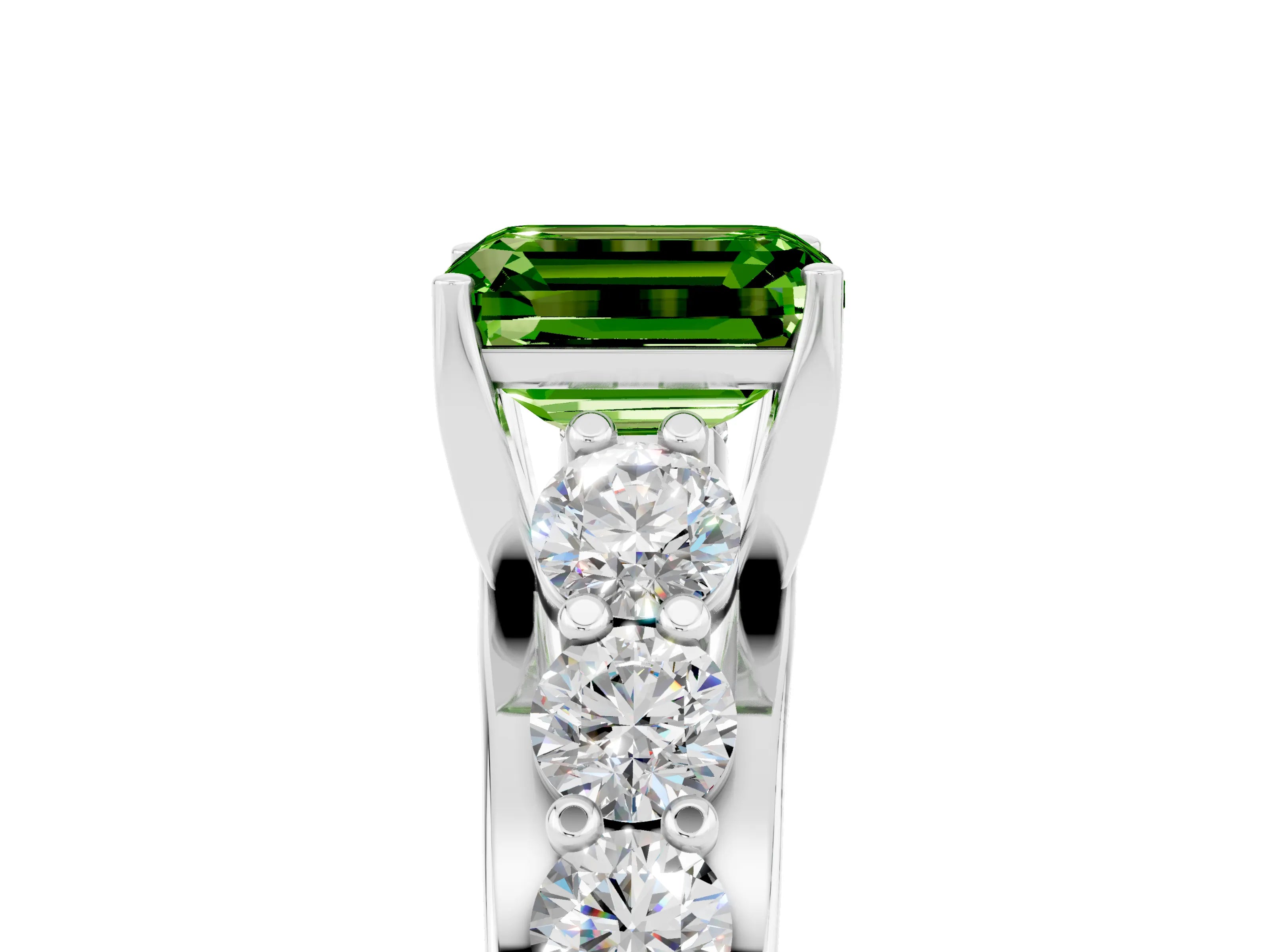 White gold Emerald Cut Peridot Engagement Ring with Pavé Band and Four-Prong Setting_5