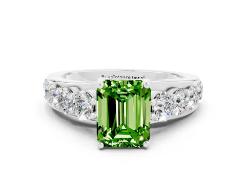 White gold Emerald Cut Peridot Engagement Ring with Pavé Band and Four-Prong Setting