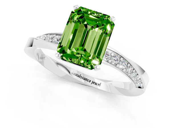 White gold Emerald Cut Peridot Engagement Ring with Side Stone Accents and Four-Prong Setting