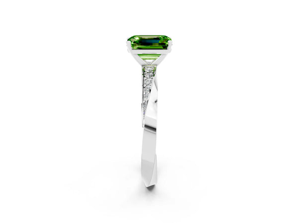 White gold Emerald Cut Peridot Engagement Ring with Side Stone Accents and Four-Prong Setting