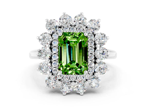Silver Emerald Cut Peridot Floral Double Halo Engagement Ring with Prong Setting