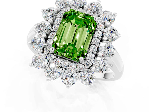 Platinum Emerald Cut Peridot Floral Double Halo Engagement Ring with Prong Setting