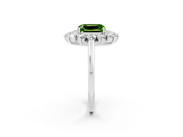 Platinum Emerald Cut Peridot Floral Double Halo Engagement Ring with Prong Setting