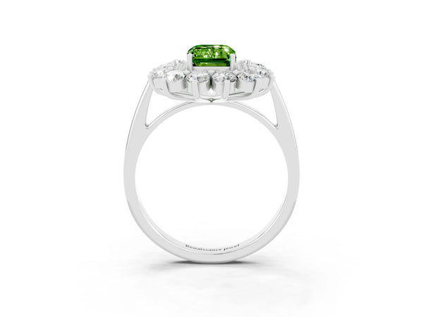 Silver Emerald Cut Peridot Floral Double Halo Engagement Ring with Prong Setting