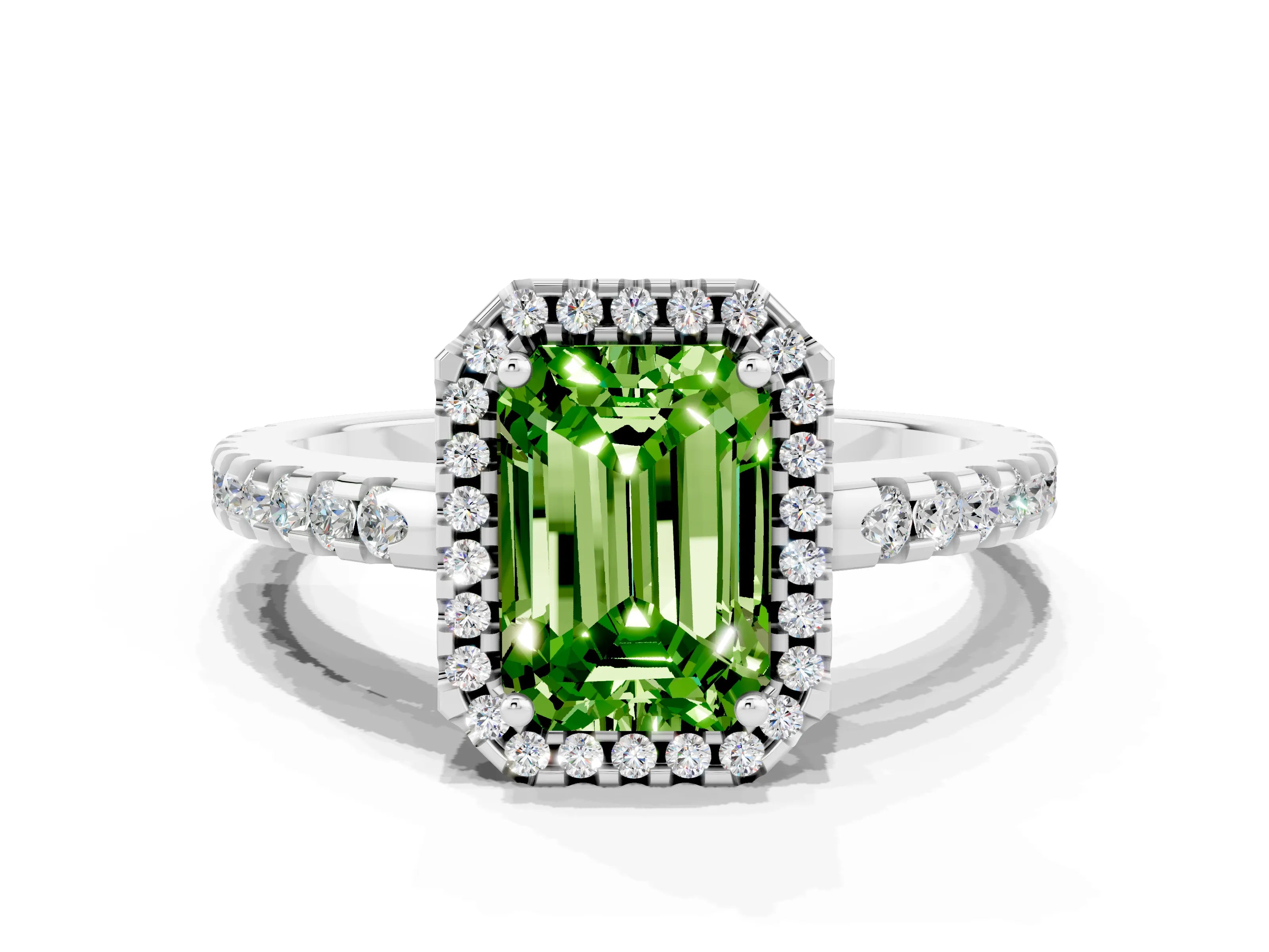 White gold Emerald Cut Peridot Halo Engagement Ring with Pavé Band and Prong Setting_12