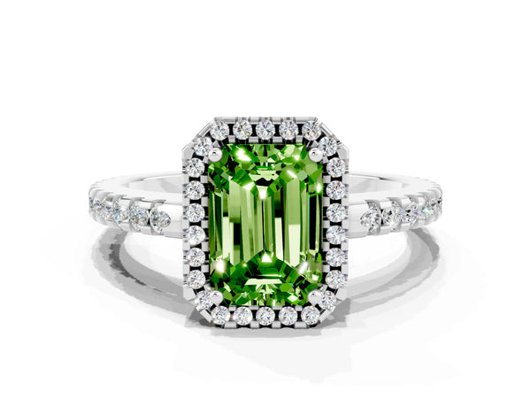 White gold Emerald Cut Peridot Halo Engagement Ring with Pavé Band and Prong Setting