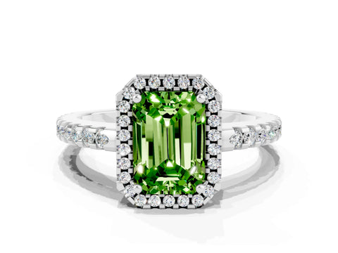 White gold Emerald Cut Peridot Halo Engagement Ring with Pavé Band and Prong Setting_12