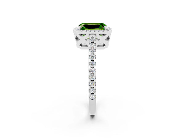 White gold Emerald Cut Peridot Halo Engagement Ring with Pavé Band and Prong Setting