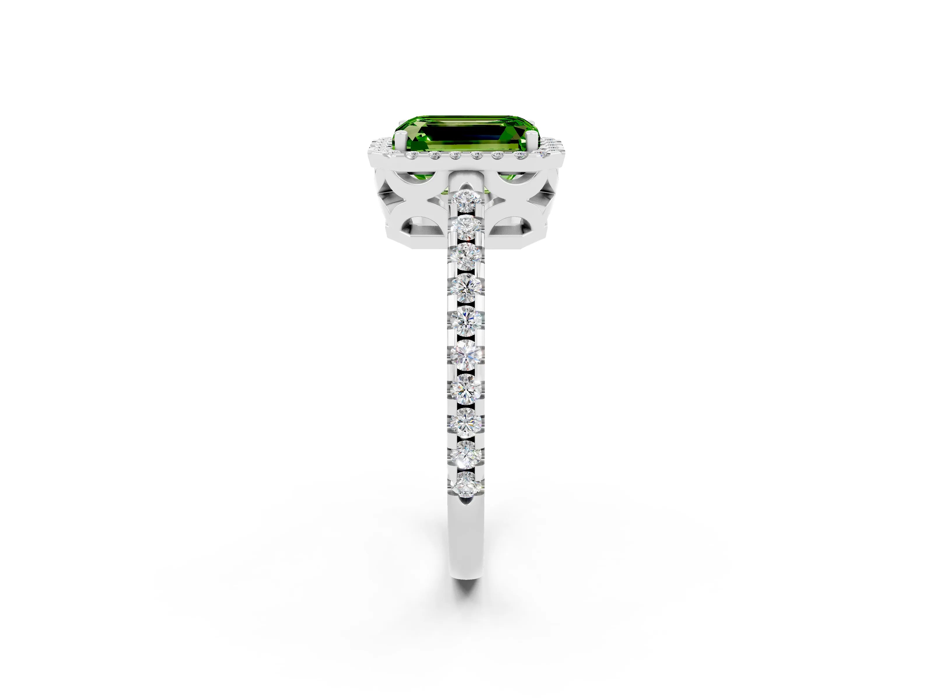 White gold Emerald Cut Peridot Halo Engagement Ring with Pavé Band and Prong Setting_14
