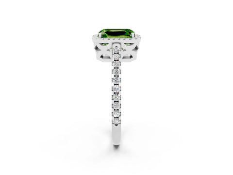 White gold Emerald Cut Peridot Halo Engagement Ring with Pavé Band and Prong Setting_14