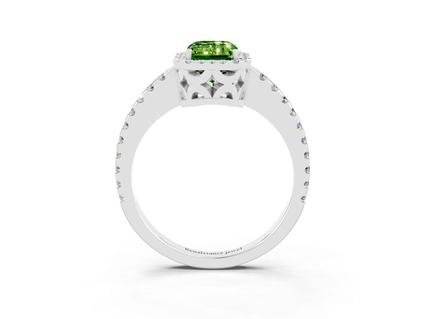 Platinum Emerald Cut Peridot Halo Engagement Ring with Pavé Band and Prong Setting
