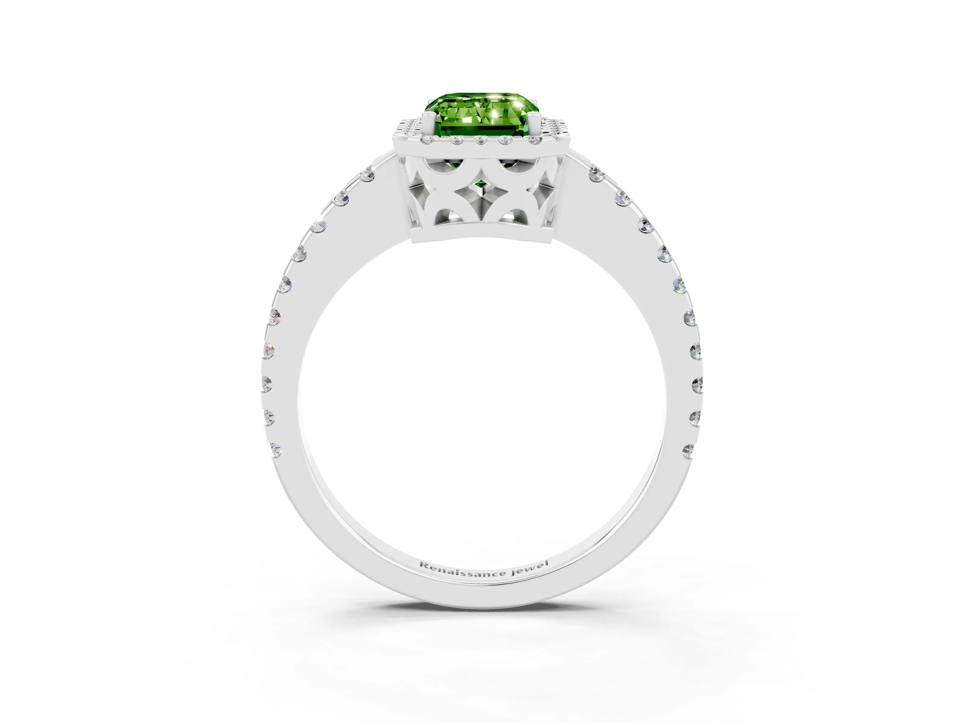 White gold Emerald Cut Peridot Halo Engagement Ring with Pavé Band and Prong Setting_15